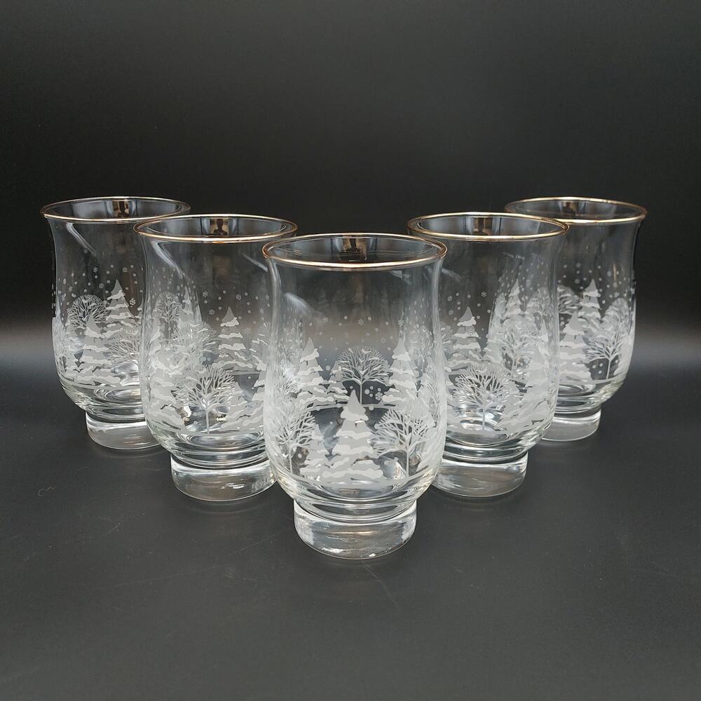 Vintage Libbey Arbys Christmas Glasses Frosted Winter Trees Gold Rim Tumblers 5
